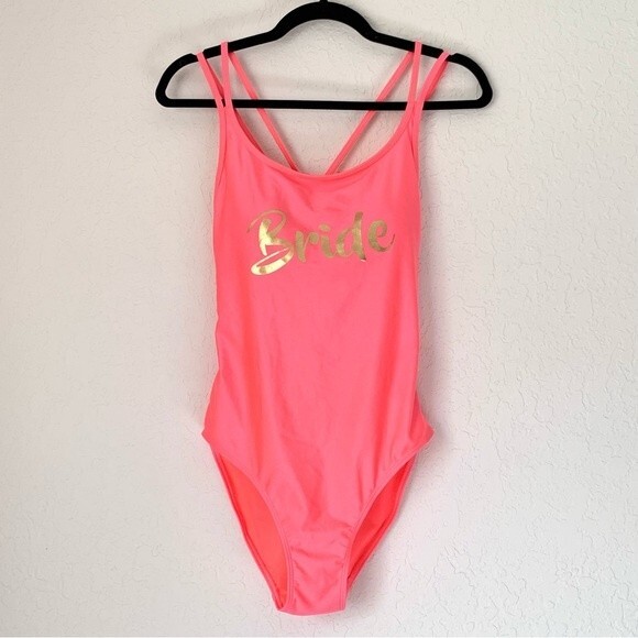 Bride Swimsuit Womens Size 10 Pink Gold One Piece Bachelorette Wedding Party - Picture 2 of 7